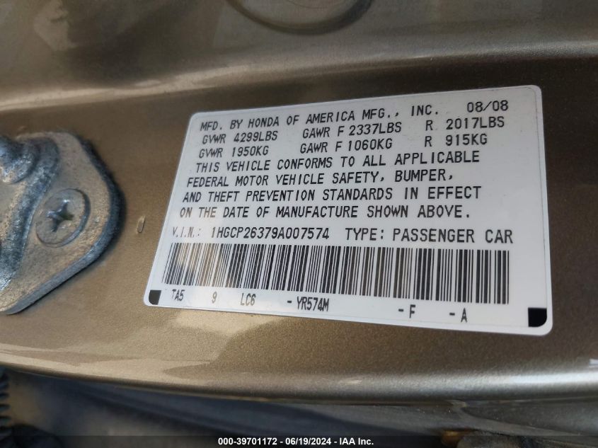 1HGCP26379A007574 | 2009 HONDA ACCORD