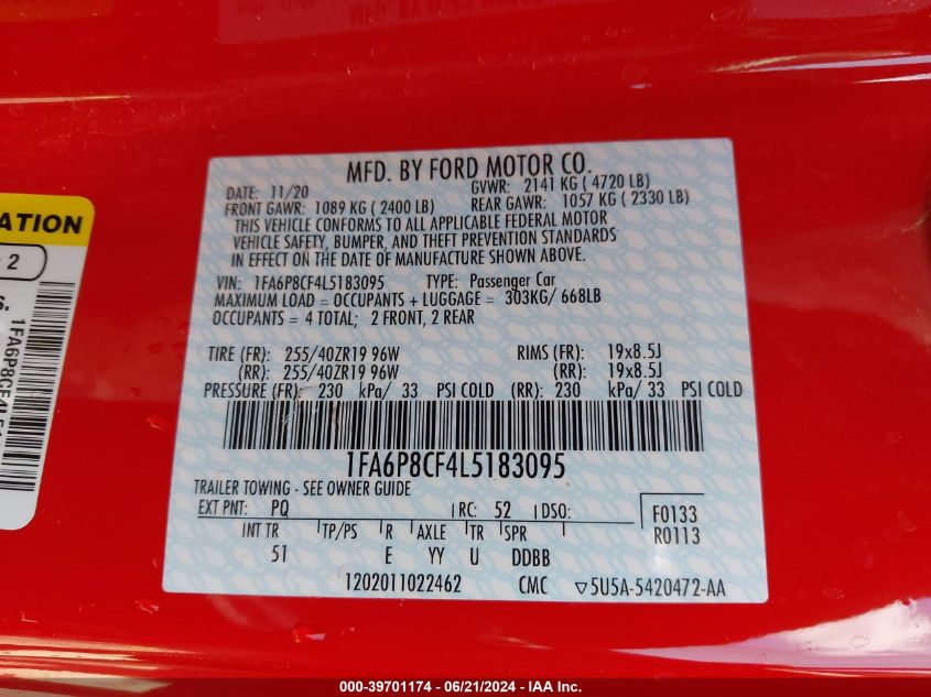 2020 Ford Mustang Gt VIN: 1FA6P8CF4L5183095 Lot: 39701174