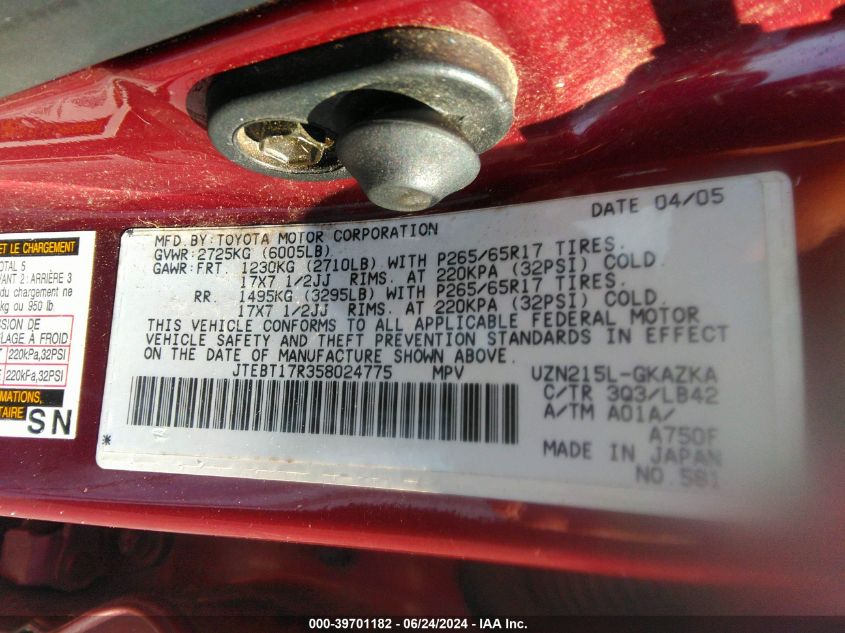 2005 Toyota 4Runner Limited V8 VIN: JTEBT17R358024775 Lot: 39701182