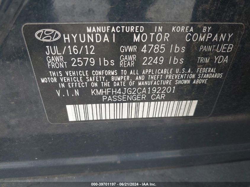 2012 Hyundai Azera VIN: KMHFH4JG2CA192201 Lot: 39701197