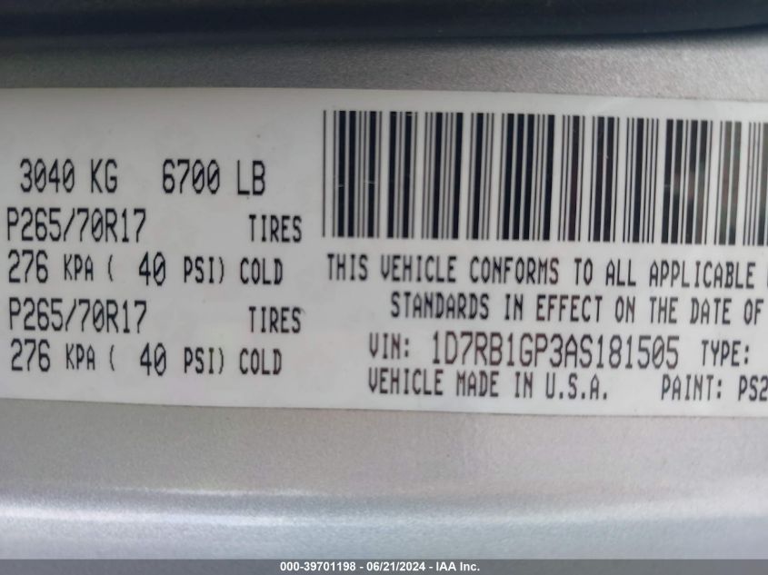 2010 Dodge Ram 1500 VIN: 1D7RB1GP3AS181505 Lot: 39701198