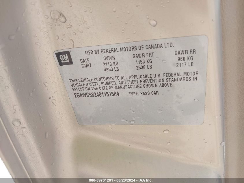 2008 Buick Lacrosse Cx VIN: 2G4WC582481151584 Lot: 39701201