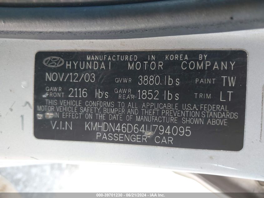 2004 Hyundai Elantra Gls/Gt VIN: KMHDN46D64U794095 Lot: 39701230