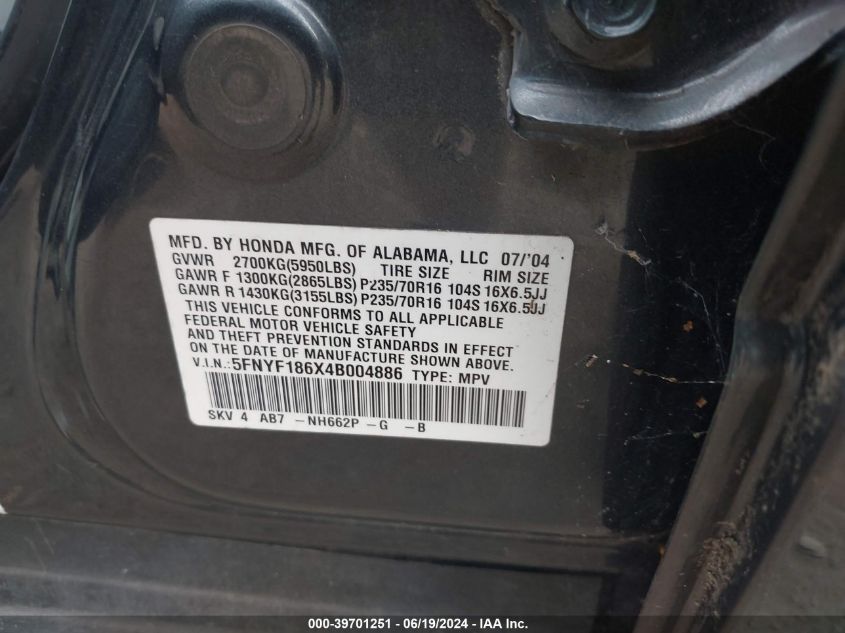 2004 Honda Pilot Ex-L VIN: 5FNYF186X4B004886 Lot: 39701251