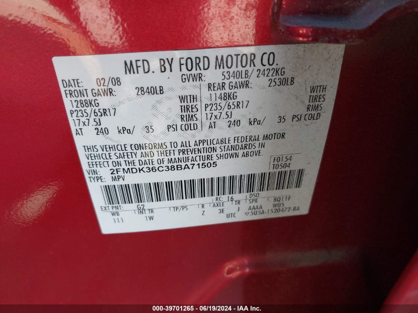 2008 Ford Edge Se VIN: 2FMDK36C38BA71505 Lot: 39701265