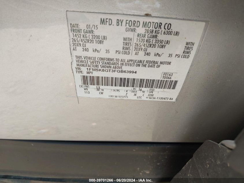 2015 Ford Explorer Sport VIN: 1FM5K8GT3FGB63994 Lot: 39701266