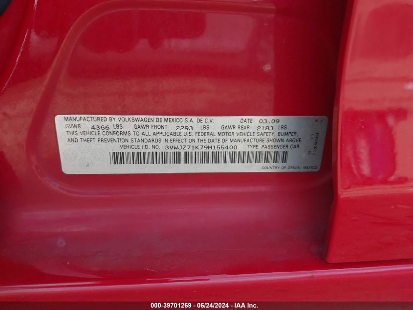 2009 Volkswagen Jetta S VIN: 3VWJZ71K79M155400 Lot: 39701269