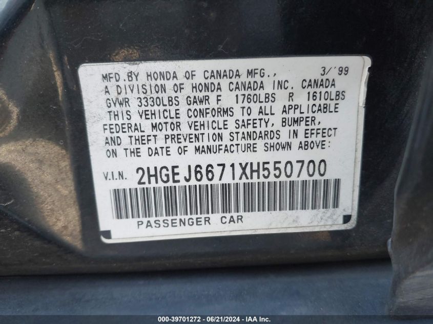 1999 Honda Civic Lx VIN: 2HGEJ6671XH550700 Lot: 39701272