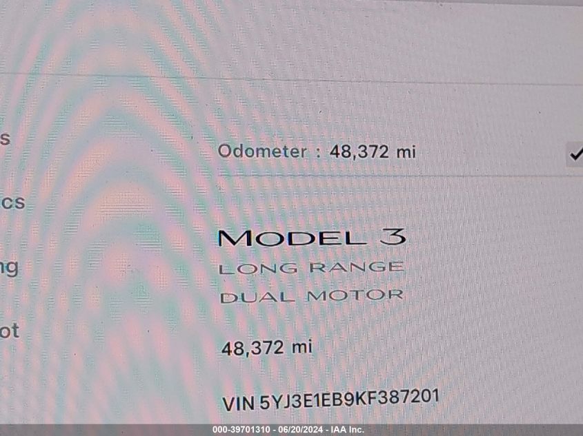 2019 Tesla Model 3 Long Range/Performance VIN: 5YJ3E1EB9KF387201 Lot: 39701310