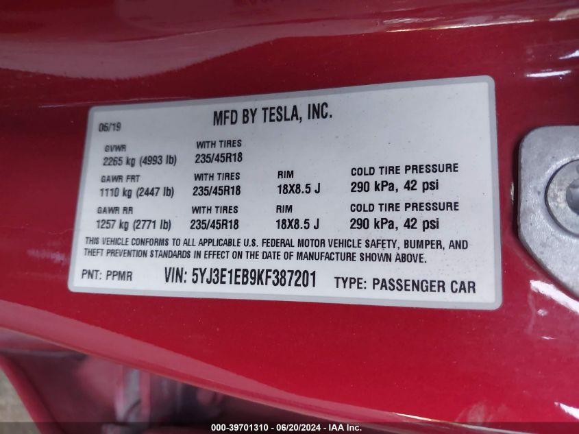 5YJ3E1EB9KF387201 2019 Tesla Model 3 Long Range/Performance