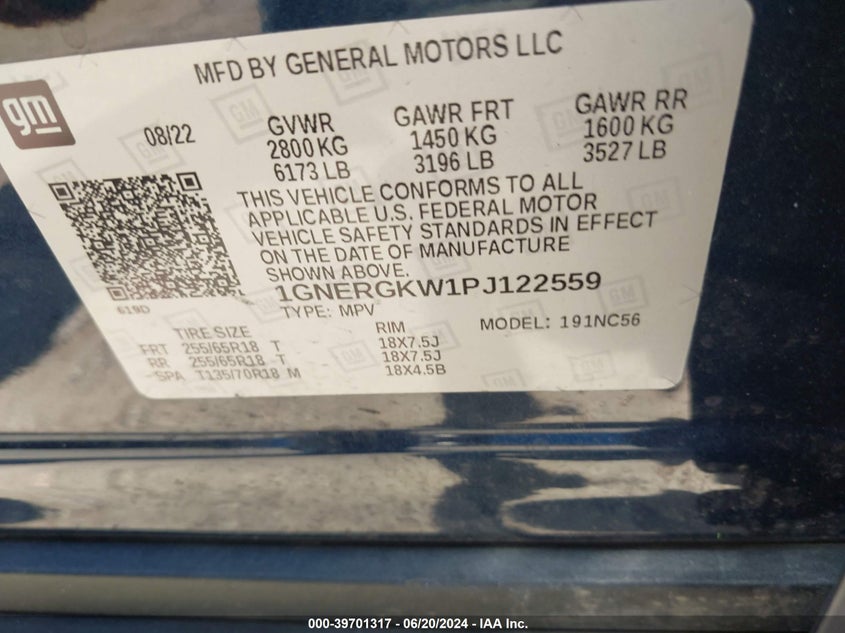 2023 Chevrolet Traverse Fwd Lt Cloth VIN: 1GNERGKW1PJ122559 Lot: 39701317