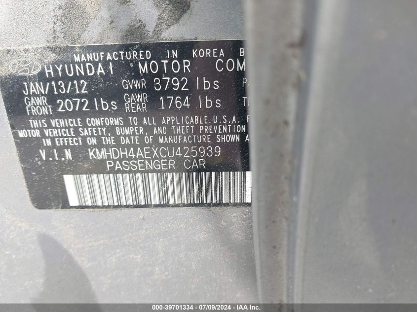 2012 Hyundai Elantra Gls (Ulsan Plant) VIN: KMHDH4AEXCU425939 Lot: 39701334