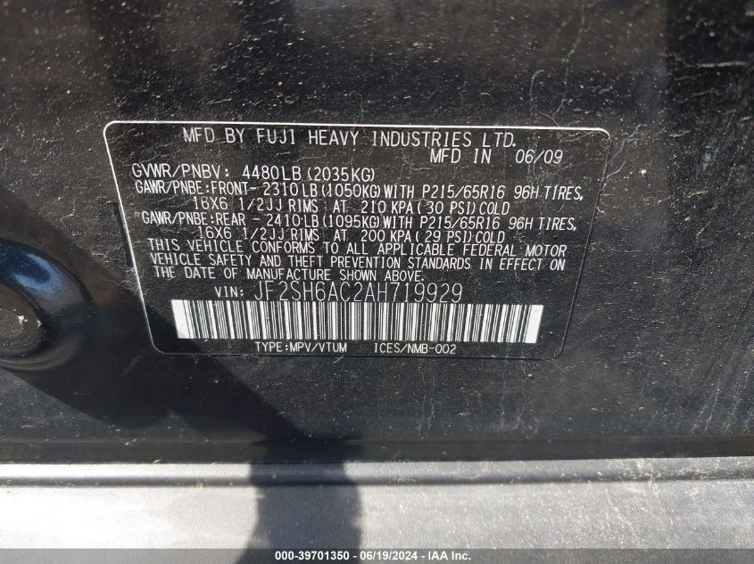 2010 Subaru Forester 2.5X VIN: JF2SH6AC2AH719929 Lot: 39701350