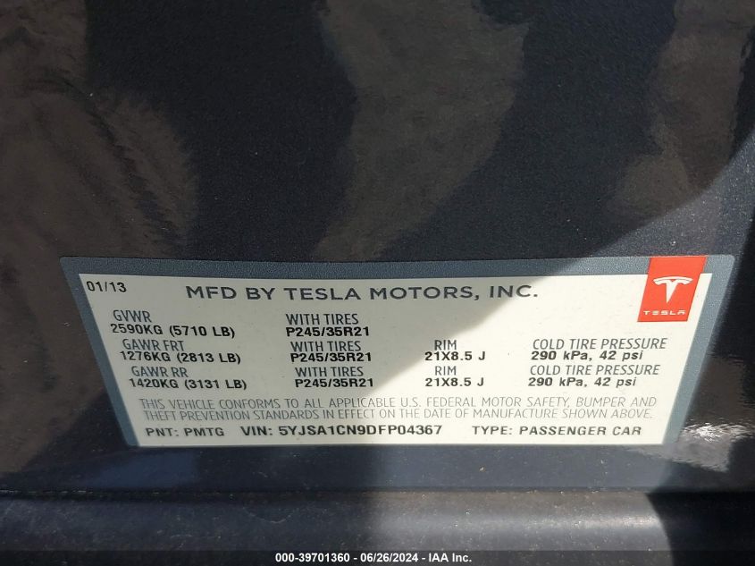 2013 Tesla Model S VIN: 5YJSA1CN9DFP04367 Lot: 39701360