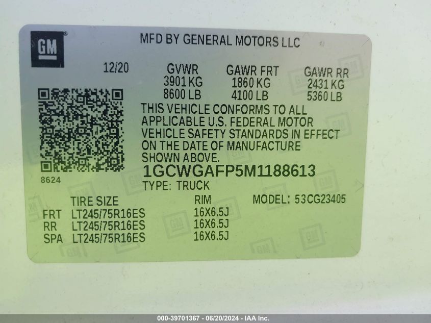 2021 Chevrolet Express Cargo Rwd 2500 Regular Wheelbase Wt VIN: 1GCWGAFP5M1188613 Lot: 39701367