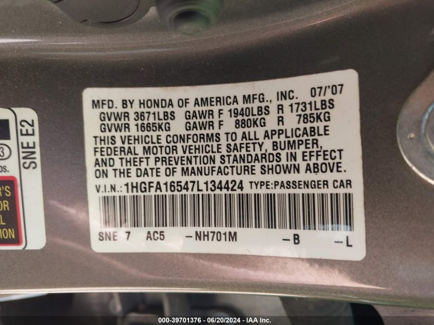 2007 Honda Civic Lx VIN: 1HGFA16547L134424 Lot: 39701376