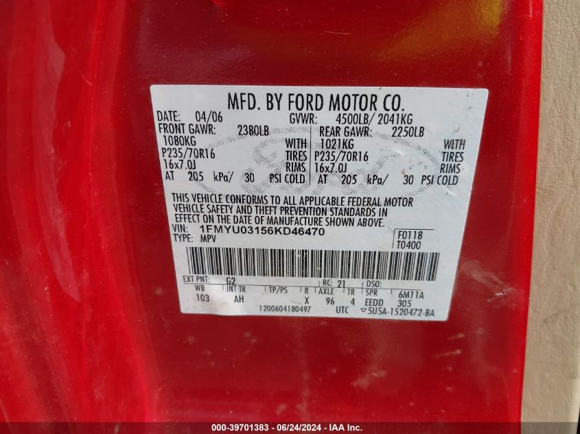 2006 Ford Escape Xlt/Xlt Sport VIN: 1FMYU03156KD46470 Lot: 39701383