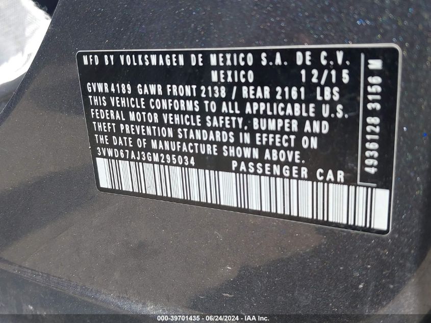 2016 Volkswagen Jetta 1.4T Se VIN: 3VWD67AJ3GM295034 Lot: 39701435