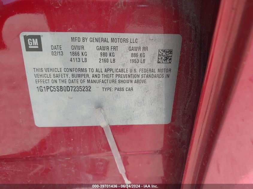 2013 Chevrolet Cruze 1Lt Auto VIN: 1G1PC5SB0D7235232 Lot: 39701436