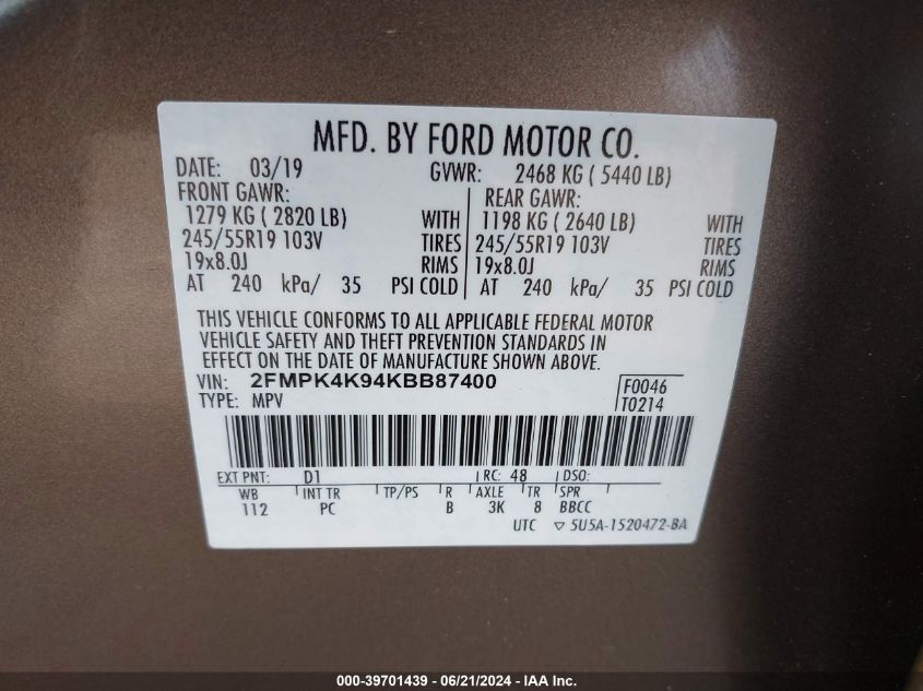 2019 Ford Edge Titanium VIN: 2FMPK4K94KBB87400 Lot: 39701439