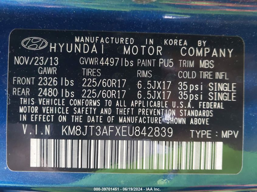 2014 Hyundai Tucson Gls VIN: KM8JT3AFXEU842839 Lot: 39701451