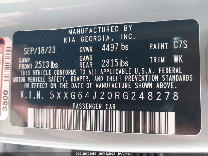 2024 Kia K5 Gt-Line VIN: 5XXG64J20RG248278 Lot: 39701457