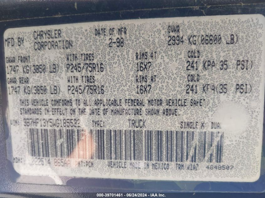 1998 Dodge Ram 1500 St VIN: 3B7HF13Y5WG185532 Lot: 39701461