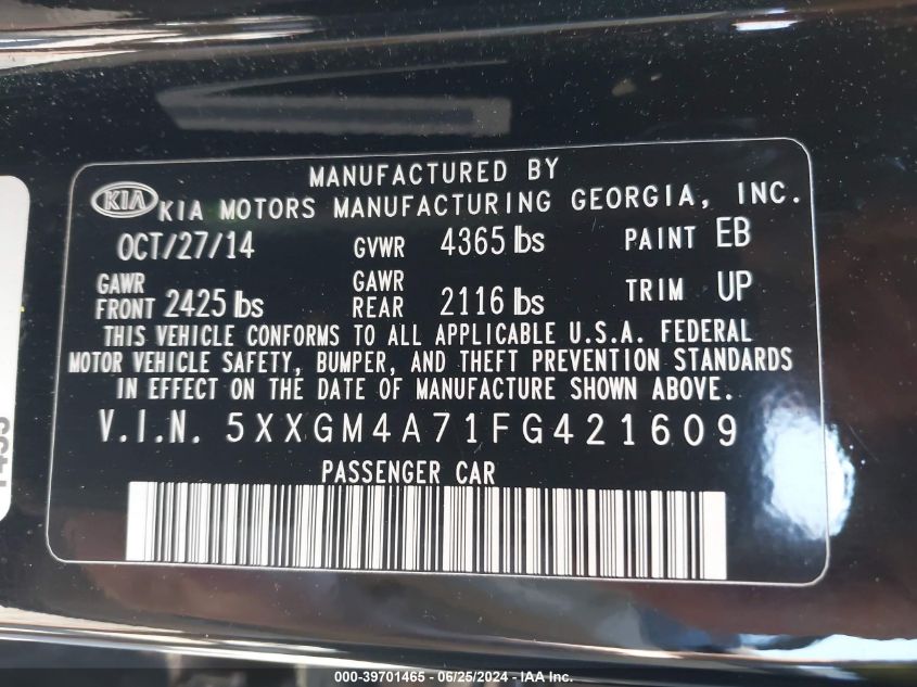 2015 Kia Optima Lx VIN: 5XXGM4A71FG421609 Lot: 39701465