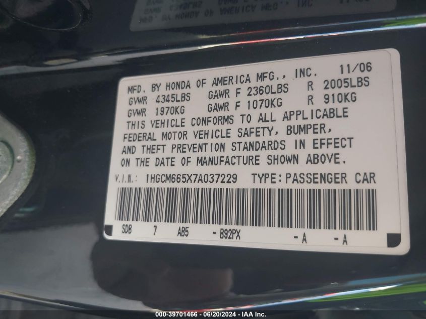 1HGCM665X7A037229 | 2007 HONDA ACCORD