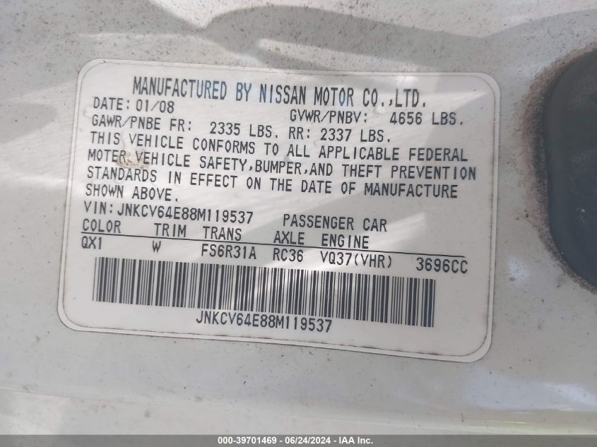 2008 Infiniti G37 Sport VIN: JNKCV64E88M119537 Lot: 39701469