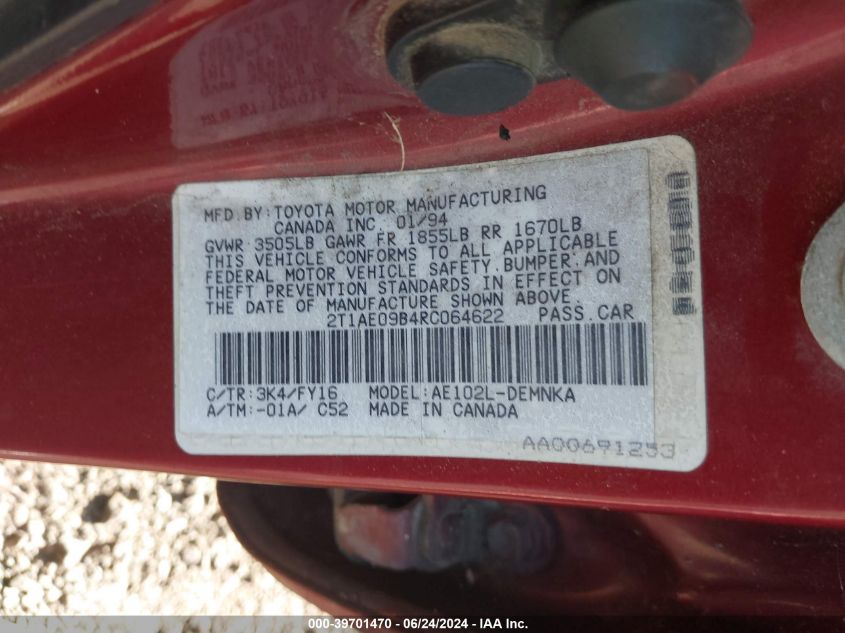 1994 Toyota Corolla Le/Dx VIN: 2T1AE09B4RC064622 Lot: 39701470