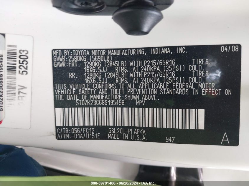 2008 Toyota Sienna Le VIN: 5TDZK23C68S195498 Lot: 39701486