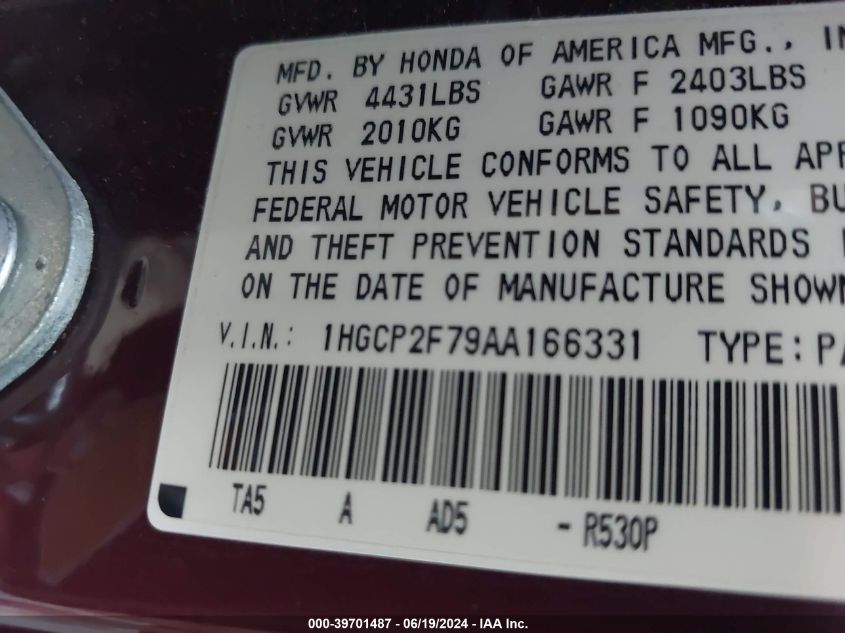 2010 Honda Accord 2.4 Ex VIN: 1HGCP2F79AA166331 Lot: 39701487