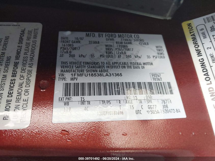2008 Ford Expedition Eddie Bauer/King Ranch VIN: 1FMFU18538LA31365 Lot: 39701492