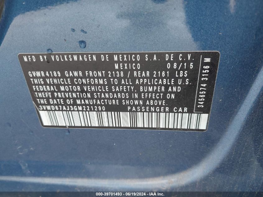 2016 Volkswagen Jetta 1.4T Se VIN: 3VWD67AJ3GM221290 Lot: 39701493