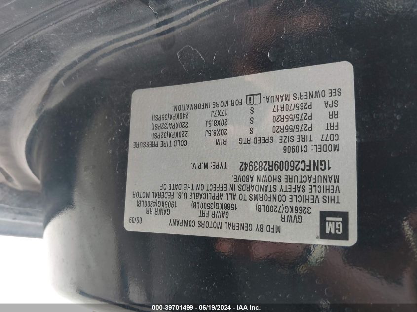 2009 Chevrolet Suburban 1500 Lt2 VIN: 1GNFC26009R283942 Lot: 39701499