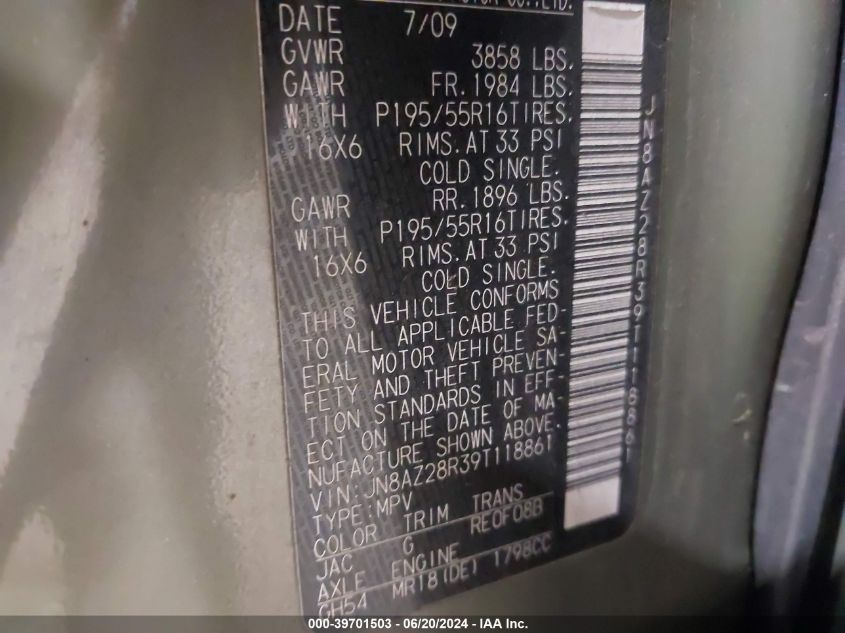 2009 Nissan Cube 1.8Sl VIN: JN8AZ28R39T118861 Lot: 39701503