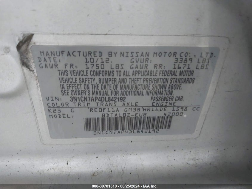 2013 Nissan Versa 1.6 Sv VIN: 3N1CN7AP4DL842192 Lot: 39701510