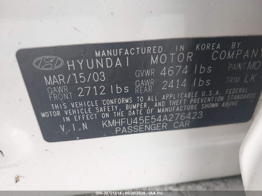 2004 Hyundai Xg 350 VIN: KMHFU45E54A276423 Lot: 39701514