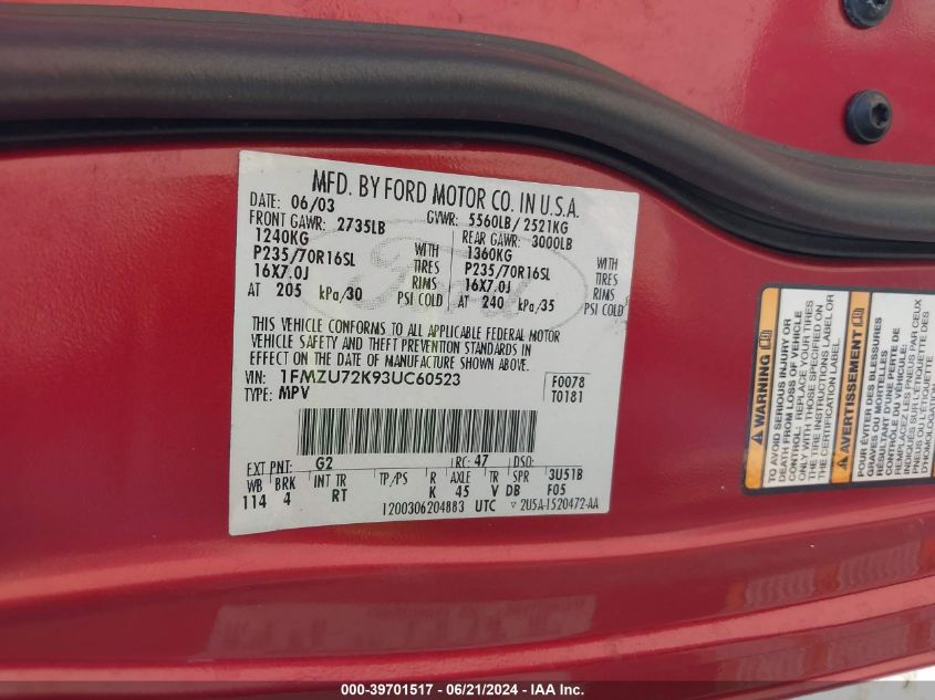 2003 Ford Explorer Xls VIN: 1FMZU72K93UC60523 Lot: 39701517