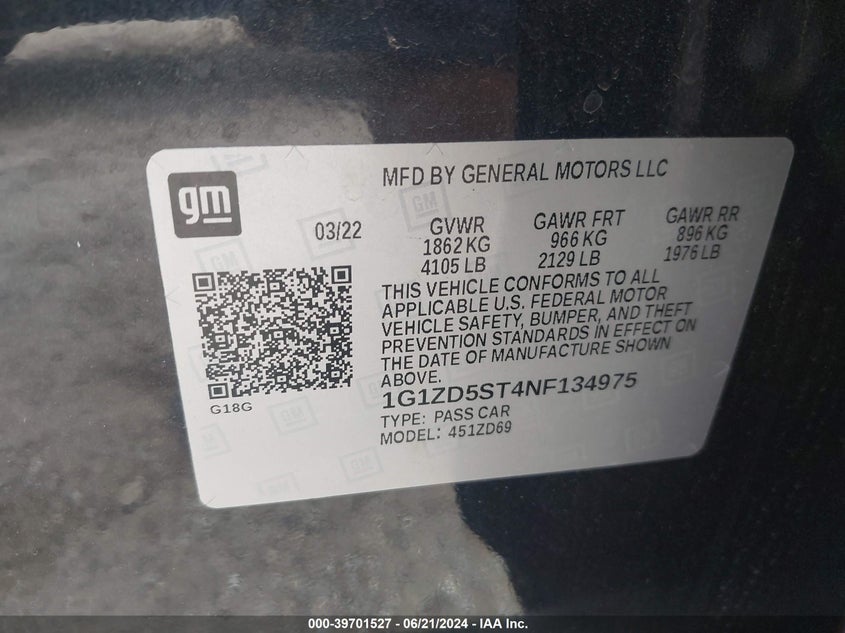 2022 Chevrolet Malibu Fwd Lt VIN: 1G1ZD5ST4NF134975 Lot: 39701527