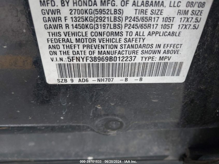 2009 Honda Pilot Touring VIN: 5FNYF38969B012237 Lot: 39701533