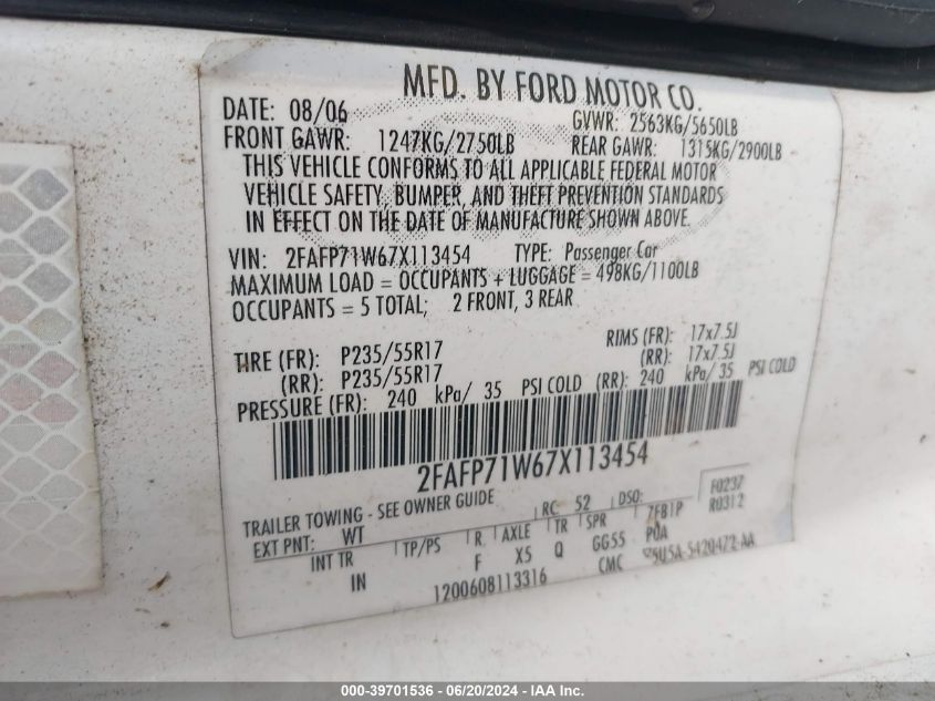 2007 Ford Crown Victoria Police/Police Interceptor VIN: 2FAFP71W67X113454 Lot: 39701536