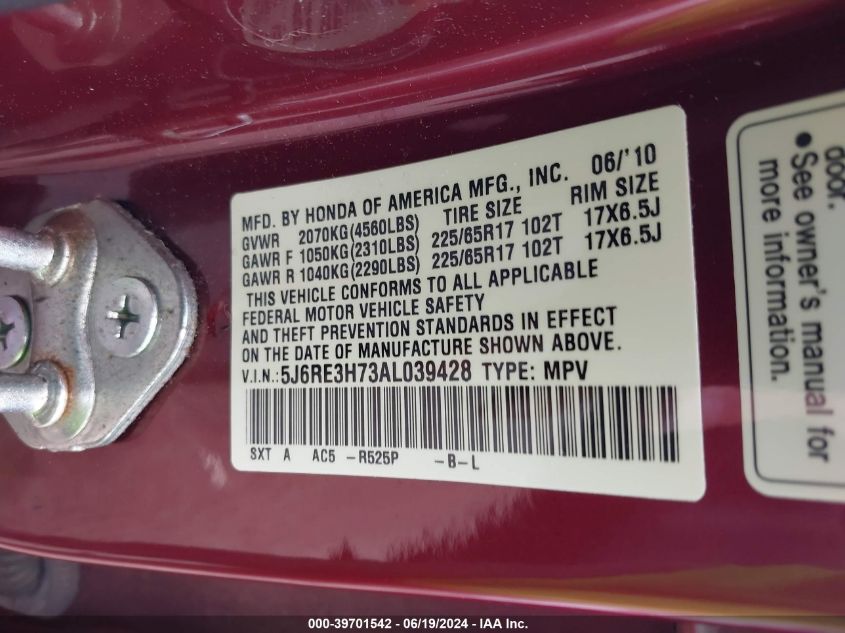 2010 Honda Cr-V Ex-L VIN: 5J6RE3H73AL039428 Lot: 39701542