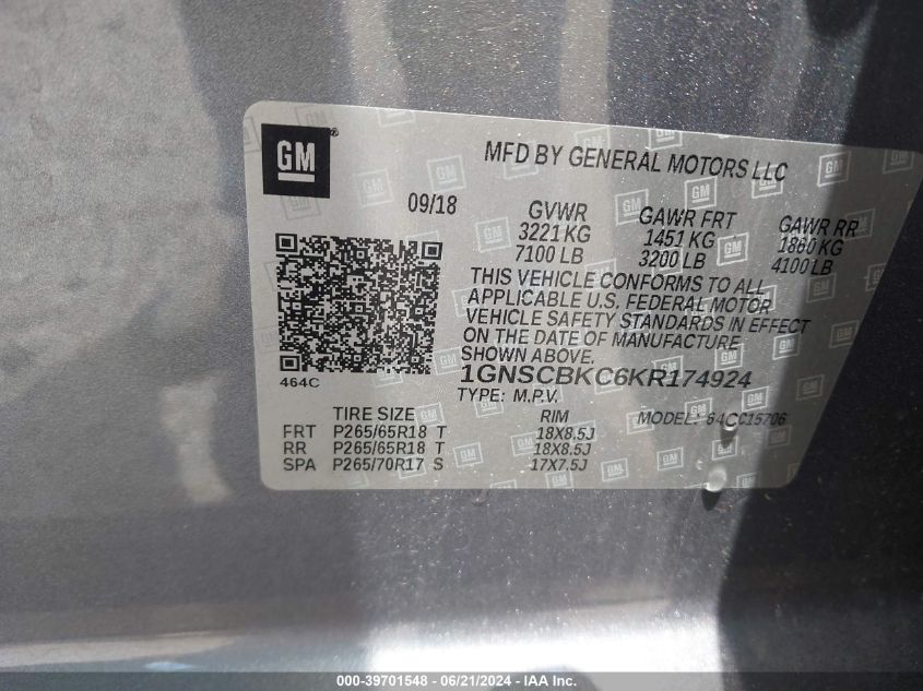 2019 Chevrolet Tahoe Lt VIN: 1GNSCBKC6KR174924 Lot: 39701548