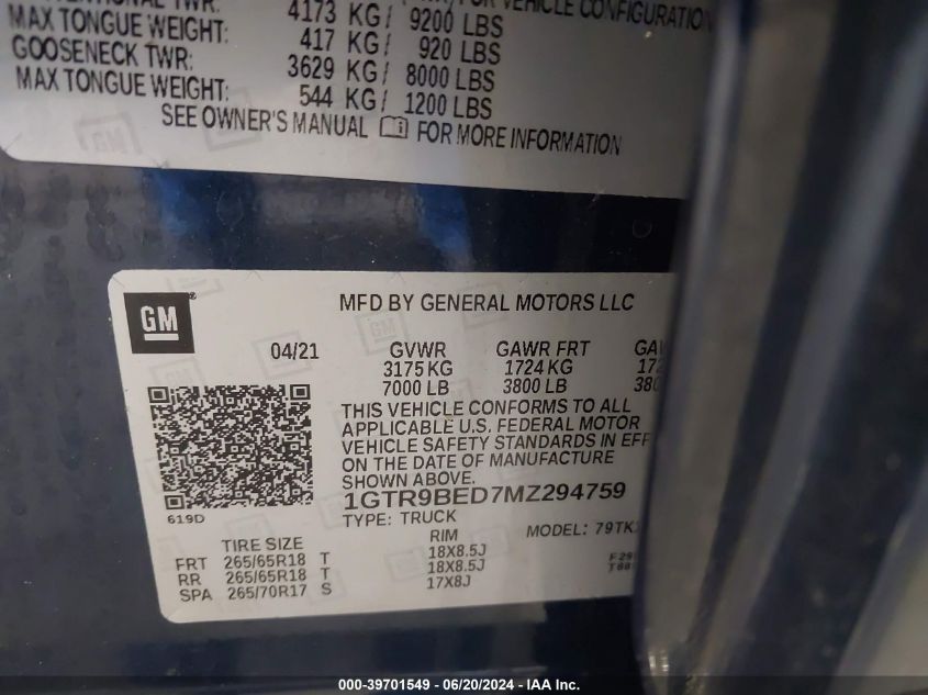 2021 GMC Sierra K1500 Sle VIN: 1GTR9BED7MZ294759 Lot: 39701549