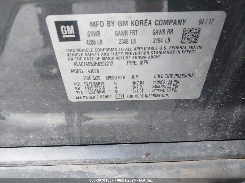 2017 Buick Encore Preferred VIN: KL4CJASB3HB202212 Lot: 39701557