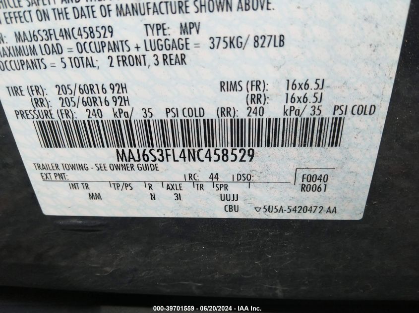 2022 Ford Ecosport S VIN: MAJ6S3FL4NC458529 Lot: 39701559