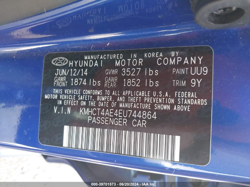 2014 Hyundai Accent Gls/Gs VIN: KMHCT4AE4EU744864 Lot: 39701573