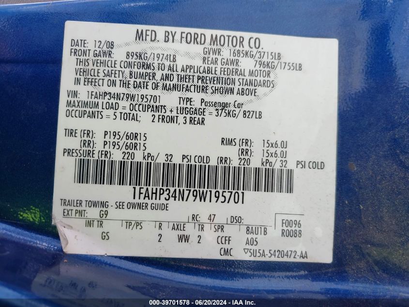 2009 Ford Focus S VIN: 1FAHP34N79W195701 Lot: 39701578